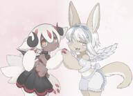 1girl 1other androgynous angel angel_and_devil animal_ears artist_collaboration black_horns black_skirt bune_poster buneposter commentary cowboy_shot curled_horns dark-skinned_female dark_skin demon_girl demon_horns demon_wings english_commentary extra_arms faputa feathered_wings female_furry fewer_digits furry furry_female furry_other hair_ribbon holding_hands horns looking_at_viewer made_in_abyss medium_bangs nanachi nanachi_(made_in_abyss) navel one_eye_closed open_mouth outie_navel rabbit_ears ribbon safe sensitive short_hair skirt smile tatososu trash_bune white_hair white_ribbon white_wings wings yellow_eyes ケモノ ナナチ ファプタ メイドインアビス メスケモ // 3676x2659 // 4.6MB