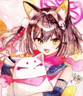 1girl absurdres animal_ear_fluff animal_ears bare_shoulders black_gloves blue_archive blue_sailor_collar blush brown_eyes brown_hair d fang fantasydolce fingerless_gloves fox_ears fox_girl fox_hair_ornament gloves hair_between_eyes hair_ornament halo highres holding izuna_(blue_archive) looking_at_viewer mask open_mouth painting_(medium) partially_fingerless_gloves red_scarf sailor_collar scarf school_uniform serafuku shirt signature skin_fang sleeveless sleeveless_shirt smile solo traditional_media upper_body watercolor_(medium) white_shirt // 2805x3255 // 22.3MB