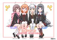 4girls ahoge arm_support baby_animal blue_eyes blunt_bangs bow commentary general gokotai_yoshimitsu gotou_toushirou_(tenka_hyakken) grey_hair hair_bow highres hime_cut holding_another's_arm holding_hands kneehighs loafers long_hair mary_janes medium_hair midare_toushirou_(tenka_hyakken) multiple_girls namazuo_toushirou_(tenka_hyakken) orange_hair purple_eyes sailor_collar scarf sheath sheathed shoes short_hair short_sword shouji_ayumu single_loose_sock sitting socks sword tantou tenka_hyakken thighhighs tiger tiger_cub twintails v weapon white_hair white_tiger yellow_eyes // 1694x1200 // 272.5KB