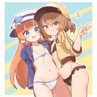 1 2girls akikawa_yayoi_(umamusume) arms_behind_back baseball_cap bikini black_bikini blue_eyes blue_jacket blush border bowler_hat brown_eyes brown_hair collarbone commentary cowboy_shot d fang flat_chest flower hair_between_eyes hair_ornament hat heart jacket long_hair long_sleeves looking_at_viewer medium_hair multicolored_hair multiple_girls navel open_clothes open_mouth orange_hair outline pixiv_12134523 rotasqqfv rotasu_(rotasqqfv) satake_mei sensitive skin_fang smile standing streaked_hair striped_background sun_hat swimsuit umamusume v white_bikini white_border white_hair white_outline yellow_hat yellow_jacket やよメイ ろたす ウマ娘 ウマ娘プリティーダービー ウマ娘プリティーダービー1000users入り 佐岳メイ 水着 秋川やよい 鼠蹊部 // 2000x2000 // 1.7MB