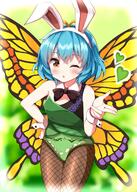 1girl ;o animal_ears antennae black_bow black_bowtie black_leotard black_wings blowing_kiss blue_hair blush bow bowtie bug butterfly commentary_request cowboy_shot detached_collar eternity_larva fake_animal_ears fishnet_pantyhose fishnets green_leotard hand_on_own_hip heart insect leaning_forward leotard one_eye_closed orange_wings pantyhose playboy_bunny purple_wings rabbit_ears ruu_(tksymkw) sensitive short_hair single_strap solo touhou white_wrist_cuffs wings wrist_cuffs yellow_eyes yellow_wings // 1200x1680 // 1.3MB