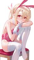 1girl animal_ear_hairband animal_ears bare_arms bare_shoulders blonde_hair blush breasts commentary detached_collar fake_animal_ears fatekaleid_liner_prisma_illya fate_(series) feather_hair_ornament feathers gloves hair_ornament hairband highleg highleg_leotard illyasviel_von_einzbern kaze_22 knee_up leotard long_hair looking_at_viewer open_mouth pink_leotard playboy_bunny rabbit_ear_hairband rabbit_ears red_eyes sensitive simple_background sitting small_breasts solo thighhighs twintails white_background white_gloves white_thighhighs white_wrist_cuffs wrist_cuffs // 4064x7144 // 11.6MB