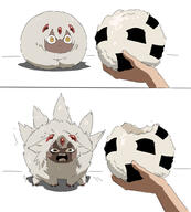 1girl 1other cat_loaf dark-skinned_female dark_skin faputa food full_body general made_in_abyss monster_girl nori_(seaweed) onigiri open_mouth sharp_teeth teeth white_background xiaopizi32439 yellow_eyes // 1000x1110 // 175.2KB