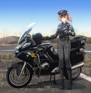 1girl 59.rise_up absurdres belt black_belt black_boots black_gloves black_jacket blue_sky bmw bmw_r1200rt boots cloud commentary_request conscript96 day gloves green_eyes grey_pants gun handgun helmet highres holster jacket knee_boots leather leather_jacket long_sleeves motor_vehicle motorcycle motorcycle_helmet new_mexico_state_police orange_hair pants patch police police_motorcycle police_uniform policewoman shadow side_ponytail sky solo standing united_states unworn_headwear unworn_helmet utility_belt warship_girls_r weapon york_(warship_girls_r) 那骑警的英名直到今天还广为传颂.mp3 // 3700x3780 // 3.3MB