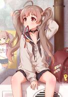 1girl ahoge arm_up backpack bag black_choker black_sailor_collar black_skirt breasts brown_cardigan brown_eyes brown_hair cardigan choker commentary general hakozaki_serika hand_in_own_hair heart heart_choker highres idolmaster idolmaster_million_live! koaya light_blush long_hair long_sleeves looking_to_the_side mask miniskirt mouth_hold mouth_mask neck_ribbon pleated_skirt poster_(object) randoseru ribbon ribbon_in_mouth sailor_collar school_uniform sitting skirt solo twintails undone_neck_ribbon untied_ribbon untranslatable_commentary unworn_backpack unworn_bag // 1451x2048 // 371.7KB