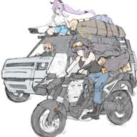 3girls absurdres ahoge alternate_costume animal_ears black_shirt blue_archive blue_pants blue_shirt blue_shorts bmw braid breasts car closed_mouth commentary_request dog_ears dog_girl driving engineering_department_(blue_archive) floating_headgear full_body general goggles goggles_on_head halo headgear hibiki_(blue_archive) highres kotori_(blue_archive) land_rover_(company) land_rover_defender long_hair looking_at_viewer millennium_science_school_logo motor_vehicle motorcycle multiple_girls nanashi_(pixiv_98920795) on_motorcycle open_mouth pants purple_eyes purple_hair red_eyes riding shirt short_sleeves shorts sitting sketch sleeveless smile thumbs_up thundergun_(blue_archive) triangle_halo utaha_(blue_archive) white_background white_shirt yellow_halo // 3000x3000 // 10.6MB