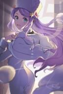 1girl absurdres anastasia_hoshin ass blue_eyes check_translation commentary_request d hair_ornament hat highres kumuo_(mirakurufusao) long_hair looking_at_viewer open_mouth pom_pom_(clothes) purple_hair re_zero_kara_hajimeru_isekai_seikatsu sensitive smile solo star_(symbol) star_hair_ornament translation_request white_hat zero_kara_hajimeru_isekai_seikatsu // 1628x2422 // 4.6MB