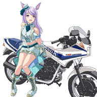 1girl animal_ears bangs bare_shoulders boots brand-new_friend_(umamusume) clothing cross-laced_footwear d female footwear general hal-py hat headwear horse_ears horse_girl lace-up_boots legwear long_hair looking_at_viewer looking_to_the_side mejiro_mcqueen_(end_of_sky)_(umamusume) mejiro_mcqueen_(uma_musume) mejiro_mcqueen_(umamusume) mini_hat motorcycle motorycle official_alternate_costume open-mouth_smile open_mouth purple_eyes purple_hair s simple_background smile solo swept_bangs uma_musume_-_pretty_derby umamusume violet_eyes white_background white_headwear white_legwear // 900x900 // 479.3KB