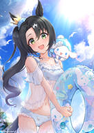 1girl 2d_art animal_ears ass_visible_through_thighs bare_shoulders bikini bird black_hair blue_innertube blue_sky blurry blurry_background cinnamoroll cloud cloudy_sky collarbone commentary_request cowboy_shot crossover day gluteal_fold green_eyes hair_between_eyes holding holding_swim_ring horse_ears horse_girl horse_tail innertube lens_flare long_hair multicolored_hair navel outdoors peteron pixiv_118965688 pixiv_49195808 ponytail questionable sanrio satono_crown_(umamusume) see_through sensitive sky smile stomach streaked_hair swim_ring swimsuit swimsuits tail uma_musume_pretty_derby umamusume user_aftz4474 wet white_bikini white_hair ぺてろん 夢展望水着&times;シナモロール&times;サトノクラウン // 2390x3356 // 7.2MB