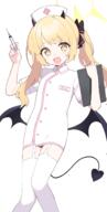 1girl alternate_costume arm_up billbung black_bow black_horns black_tail black_wings blonde_hair blue_archive bluearchive blush bow clipboard collared_dress commentary commentary_request d demon_girl demon_horns demon_tail demon_wings dress garter_straps general hair_bow halo hat holding holding_clipboard holding_syringe horns ibuki_(blue_archive) long_hair looking_at_viewer low_wings name_tag nurse nurse_cap open_mouth pixiv_5607059 short_sleeves side_ponytail simple_background smile solo syringe tail thighhighs white_background white_dress white_hat white_thighhighs wings yellow_eyes yellow_halo イブキ イブキ(ブルーアーカイブ) ブルアカ ブルーアーカイブ ブルーアーカイブ1000users入り 丹花イブキ // 1200x2366 // 750.0KB