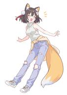 1girl absurdres animal_ears blue_archive breasts closed_eyes denim fox_ears fox_girl fox_tail full_body general highres izuna_(blue_archive) jeans medium_breasts missing_halo mo_mo_mo79 pants shoes simple_background sleeveless smile solo tail torn_clothes torn_pants white_background // 2894x4093 // 547.4KB