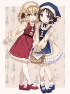2girls basket black_hair black_ribbon blonde_hair blouse blue_shoes blush blush_stickers border brown_background brown_eyes closed_mouth collar commentary dot_nose dress floral_background forehead frilled_collar frills general green_eyes hair_between_eyes hair_ornament highres holding holding_basket idolmaster idolmaster_cinderella_girls loafers long_sleeves looking_at_viewer multiple_girls open_mouth outside_border pinafore_dress puffy_long_sleeves puffy_sleeves red_shoes remiri_nicoeli ribbon sakurai_momoka sasaki_chie shirt shoes short_hair sidelocks simple_background sleeveless sleeveless_dress smile yellow_shirt // 1532x2048 // 347.3KB