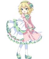1girl blonde_hair blush bow bowtie commentary dress frilled_dress frilled_sleeves frills general green_bow green_bowtie green_eyes green_footwear green_hairband hair_between_eyes hairband highres idolmaster idolmaster_cinderella_girls long_sleeves medium_hair open_mouth own_hands_together pink_dress remiri_nicoeli sakurai_momoka sidelocks smile socks solo standing wavy_hair white_background white_socks // 1706x2048 // 242.7KB