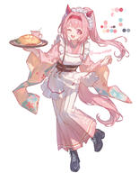 1girl ;d alternate_costume animal_ears apron black_boots black_sash boots cherry_blossoms color_guide commentary_request creamer_(vessel) ear_covers enmaided floral_print floral_print_kimono flower food full_body haru_urara_(umamusume) headband holding holding_tray horse_ears horse_girl horse_tail japanese_clothes kimono lace-up_boots long_hair long_sleeves looking_at_viewer maid maid_headdress obi omelet omurice one_eye_closed open_mouth pink_eyes pink_flower pink_hair pink_kimono ponytail print_kimono red_headband sash simple_background smile solo synzmayu tail tray twitter_username umamusume wa_maid white_apron white_background wide_sleeves // 838x1040 // 527.6KB