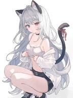 1girl animal_ear_fluff animal_ears bare_shoulders black_choker black_footwear black_shoes black_shorts blue_eyes breasts buttons camisole cat_ears cat_girl cat_tail choker cleavage closed_mouth commission crop_top dolphin_shorts drawstring expressionless jacket karyln long_hair long_sleeves looking_at_viewer midriff navel off_shoulder open_clothes open_jacket original red_eyes revision ribbon sensitive shirt shoes short_shorts shorts simple_background sleeveless sleeveless_shirt small_breasts sneakers solo spaghetti_strap squatting stomach tail tail_ornament tail_raised tail_ribbon thighs very_long_hair white_background white_hair white_jacket white_shirt // 1536x2048 // 320.3KB