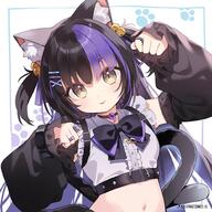 1girl animal_ear_fluff animal_ears anya_nyabyss bell black_bow black_bowtie black_hair bow bowtie cat_ears cat_girl cat_tail center_frills commentary copyright_notice cropped_shirt english_commentary frills hair_bell hair_ornament jewelry magatama navel official_art paw_print phase_connect purple_hair ring safe sensitive sleeves_past_wrists solo tail tousaki_shiina virtual_youtuber // 1000x1000 // 167.0KB