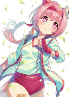 1girl animal_ears bandaid bandaid_on_leg blush buruma closed_mouth cowboy_shot female fingerless_gloves flower_in_eye gloves gym_shirt gym_uniform hair_intakes haru_urara_(uma_musume) haru_urara_(umamusume) headband jacket kabu_(niniko2ko) long_hair open_clothes open_jacket pink_eyes pink_hair ponytail red_buruma red_gloves red_headband s safe shirt simple_background solo symbol_in_eye tail tied_hair uma_musume_-_pretty_derby uma_musume_pretty_derby umamusume white_background white_jacket white_shirt // 1500x2121 // 1.6MB