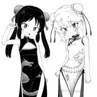 2girls alternate_costume arm_up blush breasts bun_cover china_dress chinese_clothes closed_mouth clothing_cutout commentary contrapposto double_bun dress english_commentary greyscale hair_bun highres hip_vent idolmaster idolmaster_cinderella_girls idolmaster_cinderella_girls_u149 looking_at_viewer low_twintails medium_hair monochrome multiple_girls safe sakurai_momoka samename111 sensitive sidelocks simple_background sleeveless sleeveless_dress small_breasts smile tachibana_arisu thighhighs twintails // 2200x2200 // 1.1MB