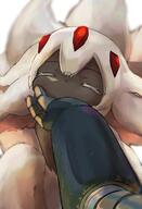 1boy 1girl animal_ears black_skin blurry body_fur closed_eyes colored_eyelashes colored_skin depth_of_field ears_down faputa hand_on_another's_chin hashtag-only_commentary highres made_in_abyss monster_girl multiple_tails no_nose noomu03100 puffy_cheeks reg_(made_in_abyss) tail white_fur white_hair // 1137x1666 // 170.3KB