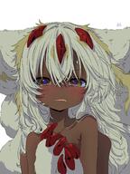 1girl absurdres blonde_hair blush body_fur brown_eyes claws commentary_request crossed_bangs dark-skinned_female dark_skin extra_arms faputa hair_between_eyes highres looking_at_viewer made_in_abyss monster_girl multicolored_hair purple_eyes sekaineko_001 sensitive sharp_teeth simple_background solo teeth upper_body white_background white_fur white_hair // 3072x4096 // 1.1MB