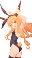 1girl absurdres animal_ears ass black_legwear black_leotard black_thighhighs blush breasts brown_horns bunny_ears bunny_tail clothing commentary_request cowboy_shot fake_animal_ears fake_tail fang female highres horns ibuki_suika legwear leotard long_hair low-tied_long_hair md5_mismatch oeyama oni oni_horns open_mouth orange_eyes orange_hair pixiv_100275683 playboy_bunny q questionable rabbit_ears rabbit_tail safe sensitive simple_background skin_fang small_breasts smile solo strapless strapless_leotard tail thighhighs tied_hair touhou touhou_project white_background // 1394x2489 // 1.3MB