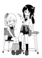 2girls alternate_hairstyle between_legs blush bow bowtie chair closed_eyes clothes_around_waist collared_shirt commentary desk earrings general greyscale grin gyaru hair_bow hair_ornament hair_scrunchie hand_between_legs heart heart_earrings highres idolmaster idolmaster_cinderella_girls idolmaster_cinderella_girls_u149 jacket jacket_around_waist jewelry loafers loose_socks medium_hair monochrome multiple_girls ponytail sakurai_momoka samename111 school_chair school_desk school_uniform scrunchie shirt shoes simple_background sitting skirt smile socks sweater_vest tachibana_arisu wrist_scrunchie // 1600x2200 // 910.3KB