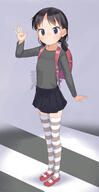 1girl backpack bag black_hair black_skirt commentary_request full_body general highres long_sleeves low_twintails original paid_reward_available pleated_skirt randoseru shirt shoes skirt solo striped_clothes striped_thighhighs thigh-highs thighhighs twintails yone_kinji // 800x1554 // 92.2KB