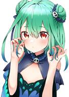 1girl apparel_brooch apparel_detached_sleeves apparel_dress apparel_hair_ornament apparel_hair_ribbon apparel_long_sleeves bangs bare_shoulders blue_hair blush breasts claw_pose double_bun gradient_hair green_hair hololive morumoru_x red_eyes safe sensitive short_hair sidelocks small_breasts solo uruha_rushia uyuyu_(uyu) uyuyu_uyu vtuber white_background yuki_kamakura // 1448x2048 // 406.9KB