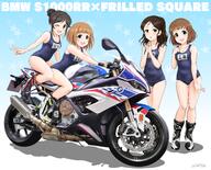 1 4_females 4girls ;d absurdres ayase_honoka bangs black_eyes black_footwear black_hair blue_background blue_eyes blue_swimsuit blunt_bangs bmw bmw_s1000rr bob_cut boots brown_eyes brown_hair cleavage clothing commentary english english_text female flick flick_(sal23) footwear general gradient gradient_background ground_vehicle hands_together highres idolmaster idolmaster_cinderella_girls kitami_yuzu kudo_shinobu kudou_shinobu leaning leaning_forward logo looking_at_viewer medium_hair momoi_azuki motor_vehicle motorcycle multiple_females multiple_girls name_tag old_school_swimsuit one-piece_swimsuit one_eye_closed open_mouth own_hands_together peace_sign pixiv_3400441 pixiv_76654842 pov questionable safe sal23 school_swimsuit shadow simple_background sitting smile standing star star_(symbol) starry_background swept_bangs swimsuit swimwear text the__cinderella_girls the_idolmaster thigh_gap twitter_username v vehicle white_footwear フリルドスクエアとバイク // 4700x3800 // 9.9MB