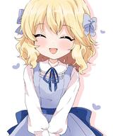 1girl back_bow blonde_hair blue_bow blue_dress blue_ribbon blush bow closed_eyes commentary dress flat_chest general hair_between_eyes hair_bow heart highres idolmaster idolmaster_cinderella_girls long_sleeves medium_hair open_mouth remiri_nicoeli ribbon sakurai_momoka sidelocks smile solo upper_body wavy_hair white_background // 1706x2048 // 252.4KB