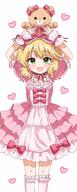 1girl arms_up blonde_hair blush bow commentary dot_nose double-parted_bangs dress feet_out_of_frame frilled_armlet frilled_dress frills general green_eyes hair_between_eyes heart idolmaster idolmaster_cinderella_girls kneehighs looking_at_viewer open_mouth pink_dress pink_socks puffy_short_sleeves puffy_sleeves red_bow red_ribbon remiri_nicoeli ribbon sakurai_momoka short_hair short_sleeves simple_background smile socks solo stuffed_animal stuffed_toy stuffed_toy_on_head thighhighs untranslatable_commentary wavy_hair white_background zettai_ryouiki // 823x2048 // 239.5KB