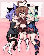+++ 1boy 2girls ;d ahoge animal_ears aqua_eyes bandaid bandaid_on_arm bandaid_on_cheek bandaid_on_face bandaid_on_knee bandaid_on_leg bandaid_on_thigh bandaid_on_wrist bare_arms belt belt_buckle bike_shorts black_shorts blush borrowed_character brown_belt brown_hair brown_shorts buckle cable cable_tail chaiko_(rori_(4chan)) chaikodog commentary d digitan_(porforever) dog_boy dog_ears electric_plug electric_plug_tail english_commentary fang flying_sweatdrops from_above full_body girl_sandwich group_hug hair_between_eyes heart heart-shaped_pupils heart_ahoge hug kneehighs long_hair long_sleeves lying mechanical_tail midriff multiple_bandages multiple_girls navel no_shoes nose_blush on_back on_side one_eye_closed open_mouth original pillow purple_eyes purple_hair robot_ears rori_(4chan) sandwiched short_hair short_shorts short_sleeves shorts smile socks symbol-shaped_pupils tail tail_around_another's_leg tail_wrap twitter white_hair white_socks xd // 893x1122 // 154.3KB