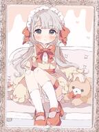 1girl block_heels bloomers blunt_bangs blush border bow brown_eyes commentary couch dot_nose dress frilled_headband frilled_sleeves frilled_thigh_strap frills grey_hair highres hisakawa_nagi idolmaster idolmaster_cinderella_girls idolmaster_cinderella_girls_starlight_stage kneehighs light_smile long_hair long_sleeves looking_at_viewer maid_headdress on_couch ornate_border red_bow red_shoes remiri_nicoeli sensitive shoes sitting smile socks solo stuffed_animal stuffed_toy swept_bangs teddy_bear thigh_strap twintails underwear white_bloomers white_socks yellow_dress // 1536x2048 // 416.9KB