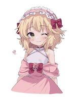 1girl blonde_hair blush bow choker commentary covered_erect_nipples covered_nipples dot_nose dress frilled_hairband frills green_eyes hair_bow hairband highres idolmaster idolmaster_cinderella_girls lolita_hairband one_eye_closed pink_dress pink_hairband red_bow remiri_nicoeli sakurai_momoka see-through_clothes see-through_shirt sensitive shirt short_hair sidelocks simple_background smile solo upper_body white_background white_shirt // 1381x1763 // 201.0KB