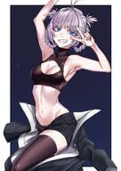 1girl absurdres ahoge arm_up armpits bangs bare_shoulders bickle1983 bickle_(bickle1983) black_jacket black_legwear black_shirt black_shorts black_tank_top black_thighhighs blue_eyes blunt_bangs braid breasts cleavage cleavage_cutout clothing clothing_cutout coat commentary_request crop_top fangs female grey_hair grin hair_rings highres jacket legwear linea_alba looking_at_viewer medium_breasts midriff nanakusa_nazuna_(yofukashi_no_uta) navel open_fly purple_hair questionable ringlets sensitive shirt short_hair short_shorts shorts sky sleeveless smile solo tank_top thighhighs tied_hair twin_braids v v_over_eye yofukashi_no_uta zettai_ryouiki じぐ 七草ナズナ // 2893x4092 // 5.3MB