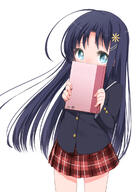 1_female 1girl ahoge black_hair blue_eyes blush book copyright_request female hair_ornament highres hirunene_no_kikinene holding holding_book holding_object long_hair looking_at_viewer mature pixiv_170645 pixiv_30433156 plaid plaid_skirt pov safe sasapuro school_uniform shouji_ayumu simple_background skirt solo uniform white_background ひるねねのききねね 宣伝 小路あゆむさん 永居昼音 関根パン // 855x1200 // 436.1KB