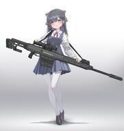 1girl absurdres anti-materiel_rifle astarta_mts-572 black_hair black_shoes bow bowtie contrapposto dress earrings full_body general gun gun_sling hair_bow highres jewelry loafers long_sleeves looking_at_viewer medium_hair oota_youjo original pantyhose pinafore_dress pleated_dress red_bow red_bowtie red_eyes rifle scope shirt shoes single_earring sleeveless sleeveless_dress smile sniper_rifle solo weapon weapon_request white_background white_pantyhose white_shirt // 3861x4096 // 652.0KB