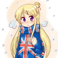 10s 1_female 1girl blonde_hair blush female flag_print hair_bun hair_ornament hairclip kin'iro_mosaic kin-iro_mosaic kinmoza kujou_karen long_hair mature purple_eyes rori_(4chan) safe scarf snow snowing solo striped striped_scarf union_jack violet_eyes x_hair_ornament // 800x800 // 87.8KB