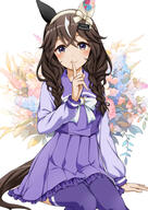 1girl animal_ears blush bow bowtie braid braided_sidelocks breasts brown_hair closed_mouth commentary_request curren_bouquetd'or_(umamusume) ear_covers finger_to_mouth flower grey_eyes hair_between_eyes hairband horse_ears horse_girl horse_tail long_braid long_hair long_sleeves looking_at_viewer low_twin_braids mimimimitsuha mismatched_ear_covers purple_sailor_collar purple_serafuku purple_shirt purple_skirt purple_thighhighs sailor_collar sailor_shirt school_uniform serafuku shirt skirt smile solo tail textless_version thigh-highs thighhighs tracen_school_uniform twin_braids umamusume white_bow white_bowtie white_streaks // 689x973 // 496.7KB