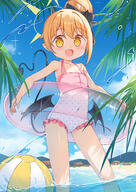 1girl absurdres adult armpits ball beach beachball black_bow blonde_hair blue_archive blue_sky bow commentary_request day demon_girl demon_horns demon_tail demon_wings female flat_chest fred04142 gelbooru gelbooru_11785513 hair_bow hair_bun halo highres horns ibuki_(anniversary_swimsuit)_(blue_archive) ibuki_(blue_archive) innertube light_blush loli looking_at_viewer ocean one-piece_swimsuit open_mouth outdoors pink_innertube pink_one-piece_swimsuit sensitive sky solo splashing swim_ring swimsuit tail transparent_innertube wading wings yellow_eyes yellow_halo // 2150x3035 // 3.5MB