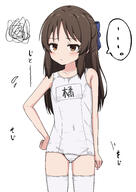 1girl blue_bow bow breasts brown_eyes brown_hair character_name closed_mouth commentary_request cowboy_shot flying_sweatdrops hair_bow hand_on_own_hip idolmaster idolmaster_cinderella_girls long_hair looking_at_viewer name_tag old_school_swimsuit one-piece_swimsuit school_swimsuit sensitive simple_background small_breasts solo speech_bubble spoken_ellipsis squiggle swimsuit tachibana_arisu takasuma_hiro thighhighs white_background white_one-piece_swimsuit white_thighhighs // 2606x3686 // 667.0KB