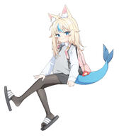 1girl 3 2025 ahoge animal_ear_fluff animal_ears atfbooru_1306024 backpack bag black_necktie black_skirt blonde_hair blue_eyes blue_nails blush cat_ears clothed collared_shirt feet female female_focus fish_girl fish_tail full_body fully_clothed general hair_down indie_virtual_youtuber legs legwear loli long_hair looking_at_viewer multicolored_hair nail_polish necktie pantyhose pixiv_134603295 sameko_saba sandals school_uniform shirt simple_background sitting skirt smile solo streaked_hair sweater_vest swept_bangs tail thighs ugaaaa1 virtual_youtuber white_background white_shirt 고?딩_사바 울보알파카 // 2624x3000 // 876.2KB