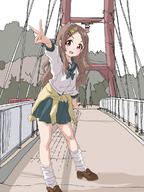 1girl aoba_kokona blush braid braided_bangs bridge brown_hair clothes_around_waist clothing commentary_request flat_chest general gyaru hair_ornament hairclip hal-py highres kogal leg_warmers leggings loafers loose_socks nail_polish open_mouth pettanko ribbon safe sailor_collar school_uniform shoes socks solo sweater sweater_around_waist tied_hair tied_sweater uniform v white_socks yama_no_susume // 900x1200 // 508.0KB