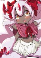 1girl animal_ear_fluff animal_ears arms_up blush body_fur bow brown_eyes capelet claws commentary_request dark-skinned_female dark_skin extra_arms faputa general hair_bow highres made_in_abyss miniskirt multiple_tails narehate open_mouth red_capelet ribbon sekaineko_001 short_hair sitting skirt solo spread_legs tail very_dark_skin white_hair white_skirt // 1240x1754 // 283.5KB