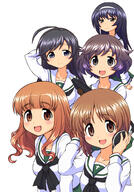 10s 5_females 5girls akiyama_yukari ammunition blush brown_hair commentary_request female girls_und_panzer hairband headphones isuzu_hana long_hair mature multiple_females multiple_girls nishizumi_miho ooarai_school_uniform reizei_mako safe school_uniform sensitive shell_(projectile) short_hair smile takebe_saori tank_shell uniform yuuki_akira // 700x1000 // 280.4KB