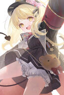 1girl animal_bag armband bear_bag black_coat black_dress black_hat black_ribbon black_tail blonde_hair bloomers blue_archive blush coat commentary_request demon_girl demon_tail dress hair_ribbon halo hat ibuki_(blue_archive) long_hair long_sleeves open_mouth ouri_(aya_pine) peaked_cap pinafore_dress red_armband ribbon sensitive side_ponytail signature simple_background sleeveless sleeveless_dress smile solo tail teeth underwear upper_teeth_only upskirt white_background white_bloomers yellow_eyes yellow_halo // 625x930 // 526.0KB