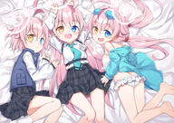 3girls ahoge angel arms_up ass barefoot bed_sheet bicolored_eyes bikini blue-tinted_eyewear blue_archive blue_eyes blue_jacket blue_necktie blue_neckwear blue_vest blush breasts brown_eyes clothing collared_shirt commentary_request d eyewear_on_head fang feet feet_out_of_frame female footwear fred04142 frilled_bikini frilled_swimsuit frills grey_skirt hair_between_eyes hair_bobbles hair_ornament halo heterochromia hood hood_down hooded_jacket hoodie hoshino_(blue_archive) hoshino_(first_year)_(blue_archive) hoshino_(swimsuit)_(blue_archive) hoshino_(young)_(blue_archive) jacket legwear loli long_hair long_sleeves low_twintails lying megane multiple_girls multiple_persona necktie off_shoulder official_alternate_costume official_alternative_costume on_back on_side on_stomach open-mouth_smile open_clothes open_jacket open_mouth open_shirt pillow pink_hair plaid plaid_clothes plaid_skirt puffy_long_sleeves puffy_sleeves questionable safe seifuku sensitive shirt short_hair skirt small_breasts smile socks sunglasses swimsuit swimsuits takanashi_hoshino tie tied_hair tinted_eyewear twintails very_long_hair vest white_bikini white_legwear white_shirt white_socks white_swimsuit yellow_eyes // 1900x1341 // 1.9MB