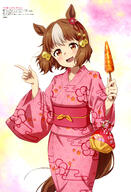 1girl animal_ears belno_light_(umamusume) brown_eyes brown_hair d ear_ornament floral_print food hair_ornament hairpin hands_up holding holding_food horse_ears horse_girl horse_tail index_finger_raised japanese_clothes kamome_yuu kimono light_blush looking_at_viewer multicolored_hair obi official_art open_mouth pink_kimono pink_sash pouch print_kimono sash scan shade short_hair smile solo streaked_hair tail uma_musume_cinderella_gray uma_musume_pretty_derby umamusume yukata // 4094x5979 // 2.9MB