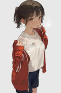 1girl akipeko black_shorts blush bra bra_visible_through_clothes breasts brown_eyes brown_hair jacket long_sleeves looking_at_viewer open_clothes open_jacket open_mouth original see-through_clothes see-through_shirt sensitive shirt short_ponytail shorts small_breasts solo standing sweat sweaty_clothes track_jacket underwear undressing wet wet_clothes wet_shirt white_background white_shirt // 1135x1710 // 928.2KB