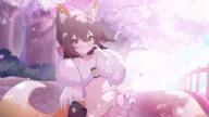 1girl absurdres animal_ears blue_archive brown_hair cherry_blossoms commentary dress exusiai_dust fox_ears fox_girl fox_tail fur-trimmed_dress fur_trim general halo highres izuna_(blue_archive) izuna_(dress)_(blue_archive) looking_at_viewer medium_hair official_alternate_costume outdoors pink_dress pink_halo revision solo tail yellow_eyes // 3840x2160 // 5.5MB